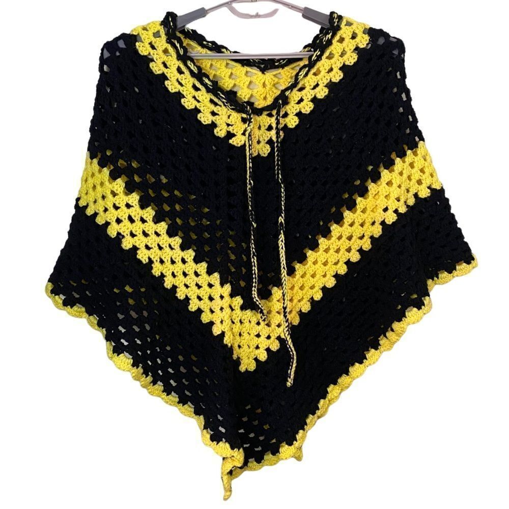 Hand Crochet Black & Yellow Poncho Boho One Size